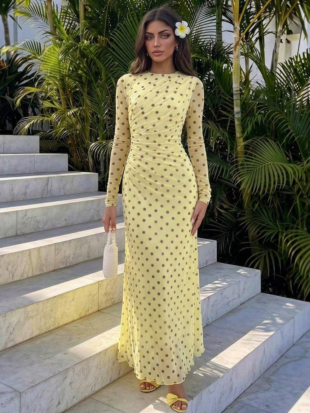 Zara Fall Polka Dot A-Line Maxi Dress Flowy High Waist Slim